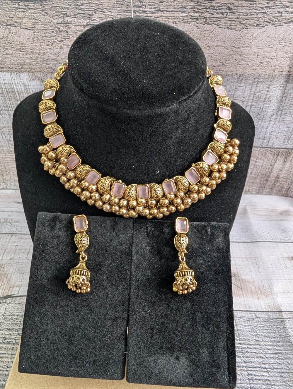 Gold-Tone and Light Pink Beaded Choker Necklace with Jhumka Earrings